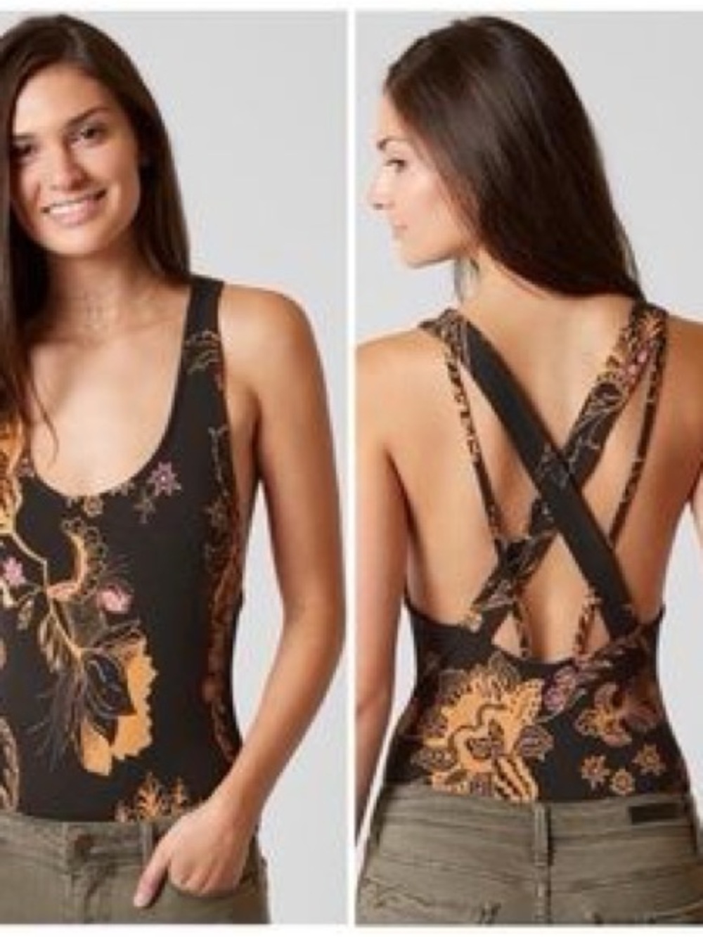 Free People “Something pretty” Black Floral Crisscross Back Bodysuit